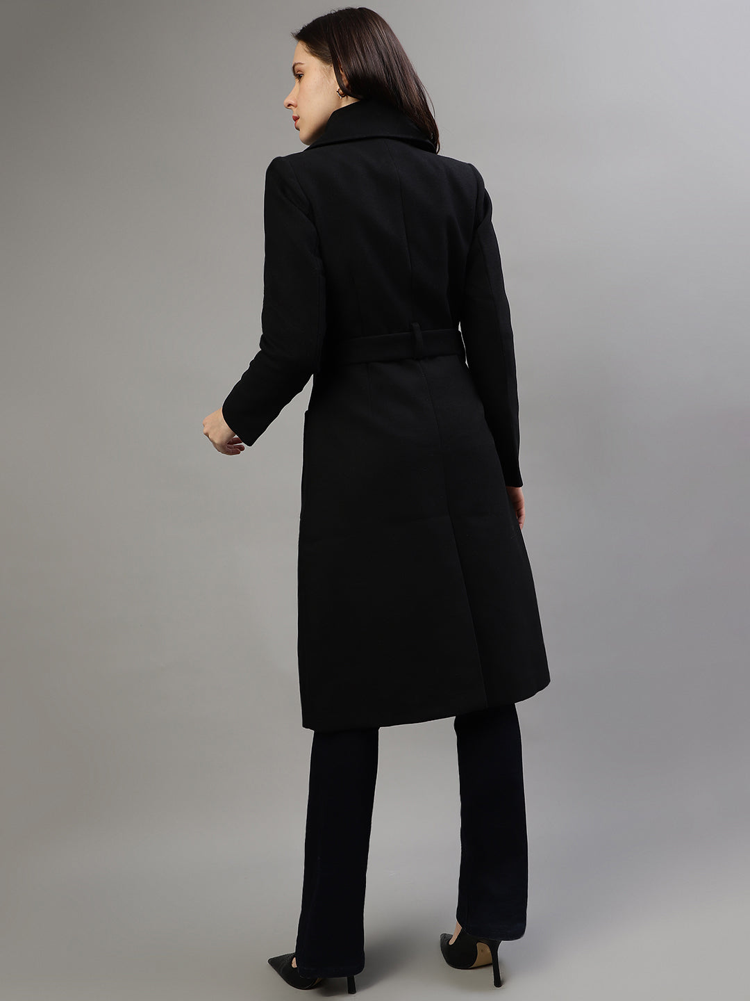 Elle Women Solid Notched Lapel Full Sleeves Overcoat