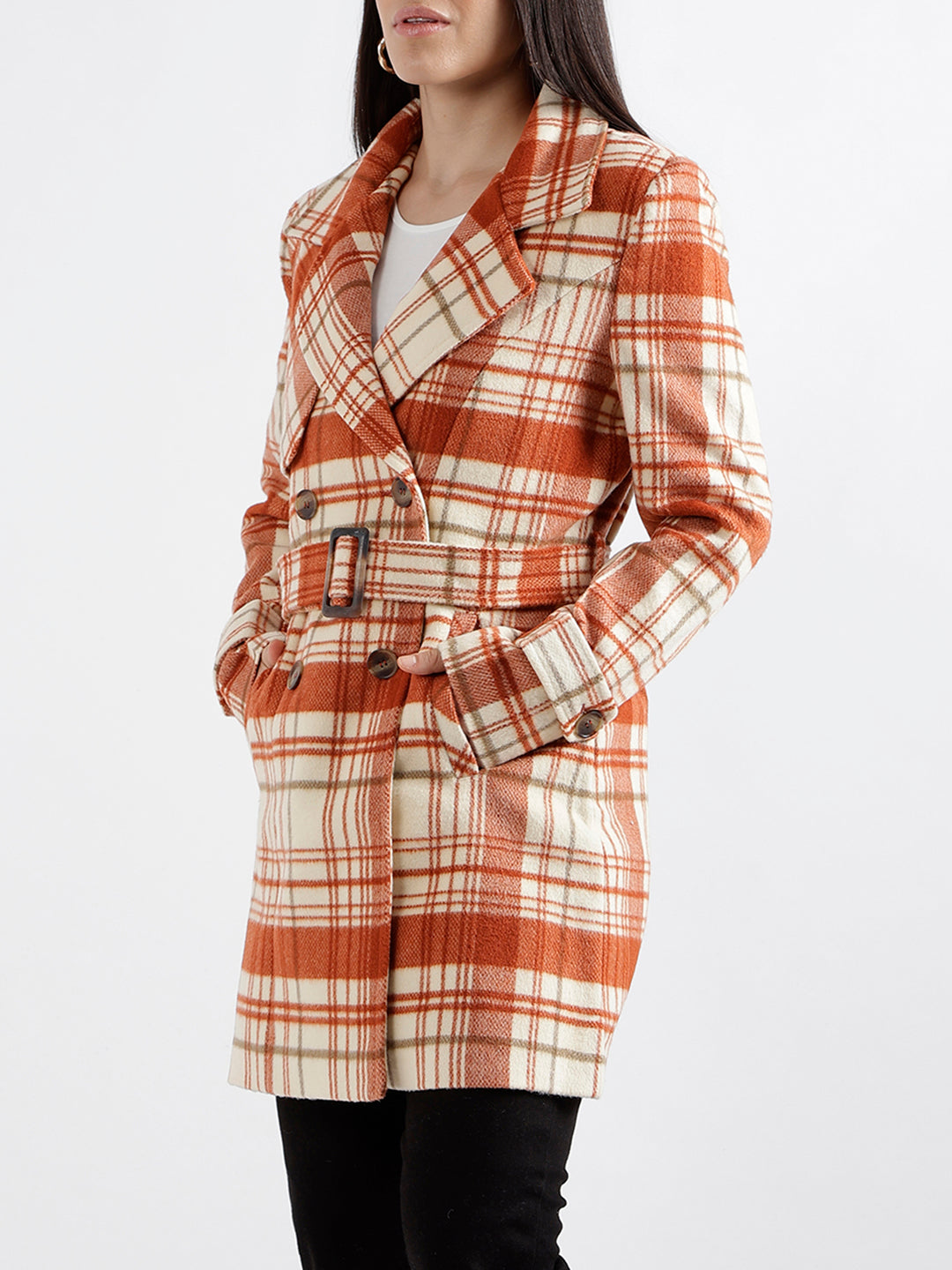 Elle Women Checked Full Sleeves Notched Lapel Overcoat