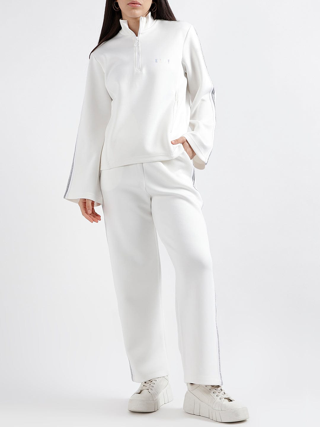 Elle Women Solid Full Sleeves High Neck Sweatshirt