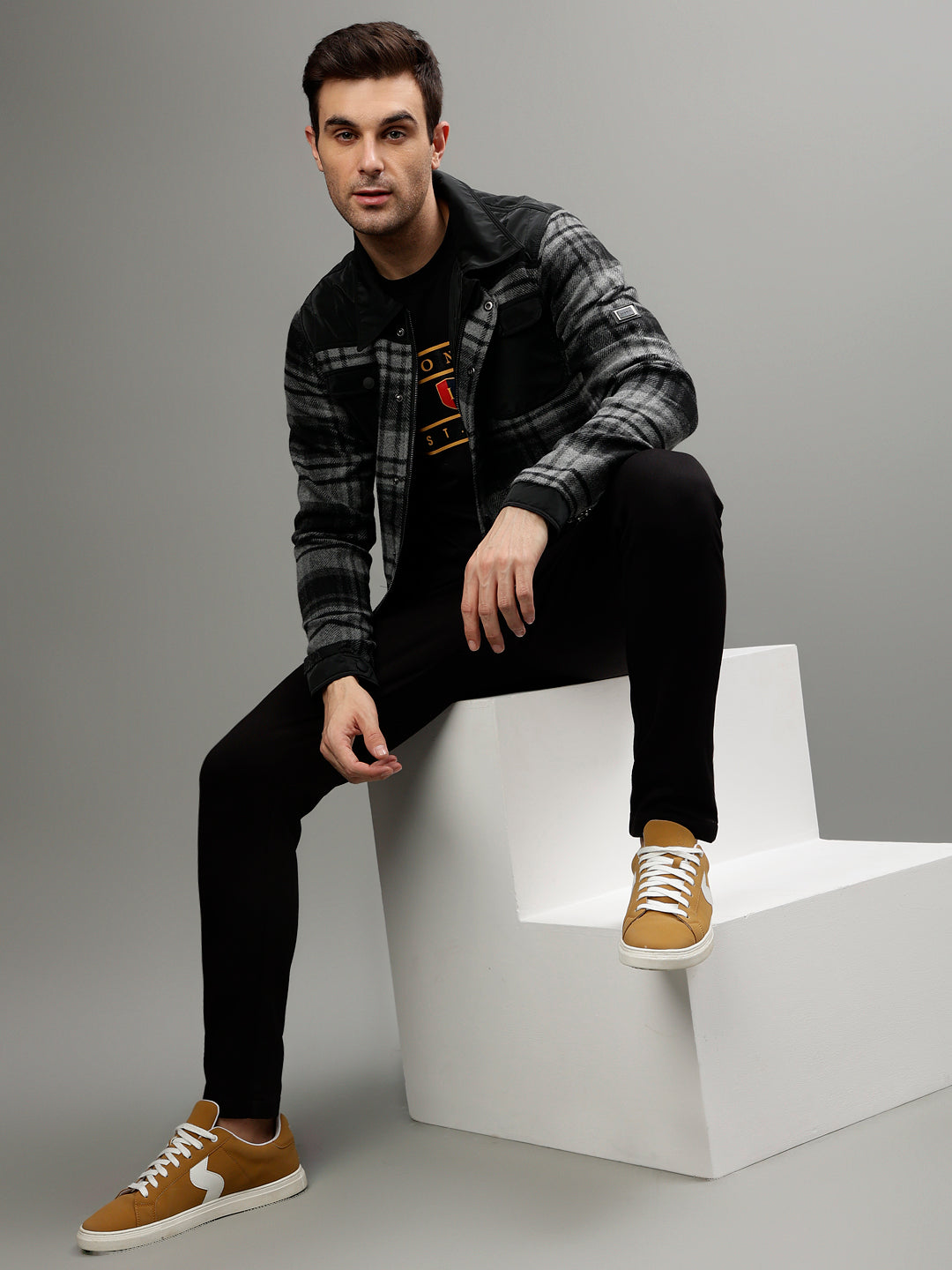 Iconic Men Checked Shirt Collar Full Sleeves Jacket