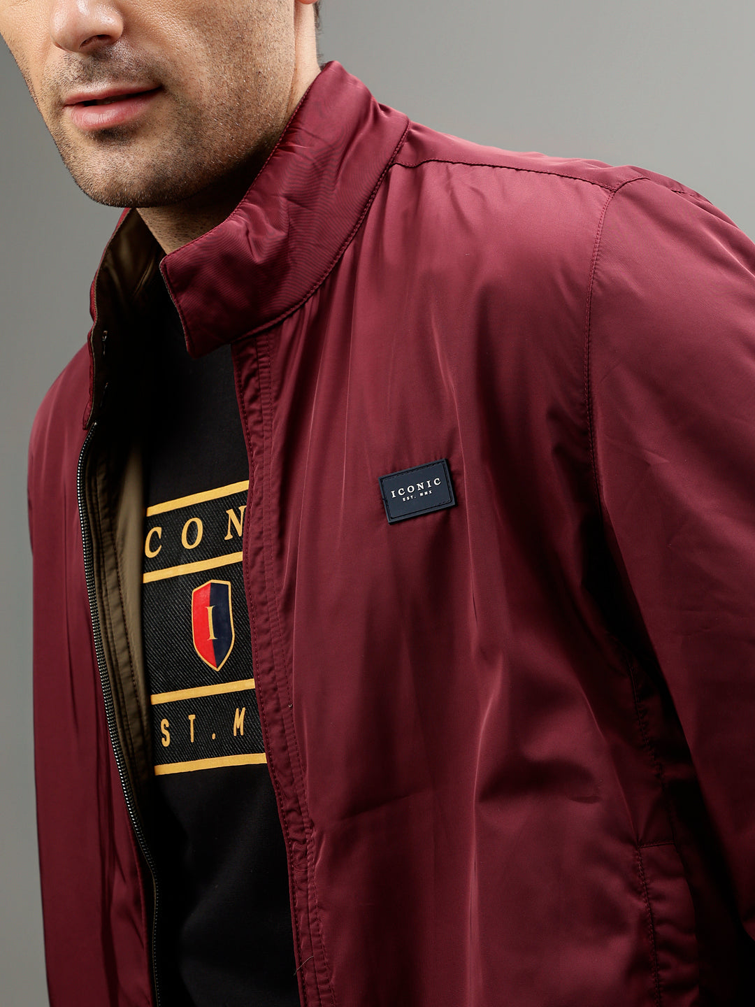 Iconic Men Solid Stand Collar Full Sleeves Reversible Jacket