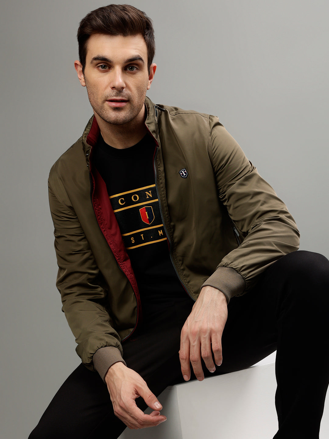 Iconic Men Solid Stand Collar Full Sleeves Reversible Jacket