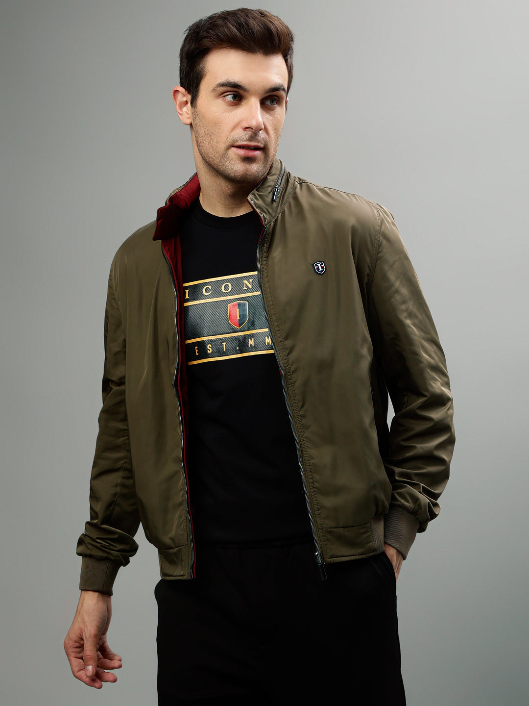 Iconic Men Solid Stand Collar Full Sleeves Reversible Jacket