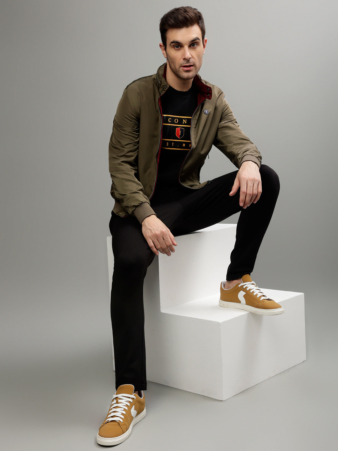 Iconic Men Solid Stand Collar Full Sleeves Reversible Jacket