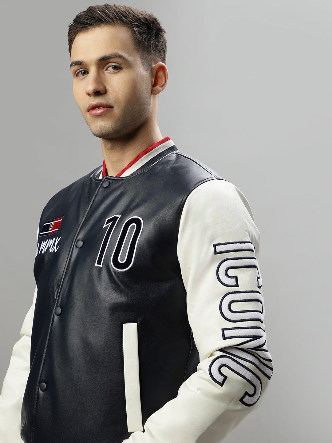 Iconic Men Blue Colourblocked Stand Collar Long Sleeves Varsity Jacket