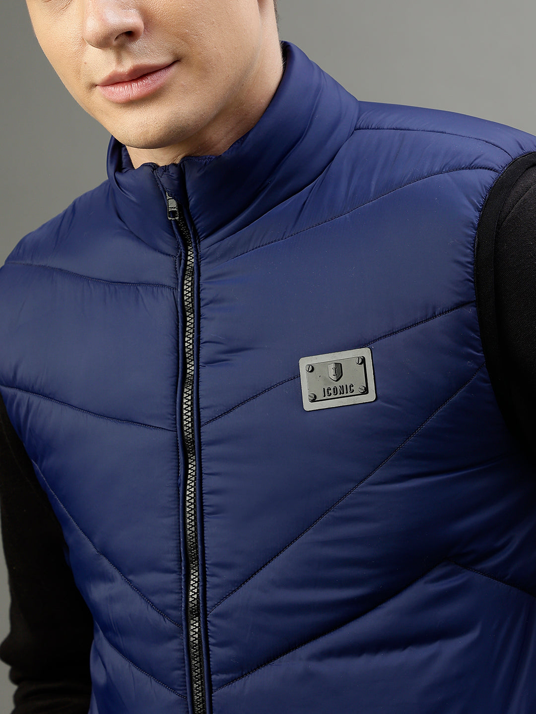 Iconic Men Solid Stand Collar Sleeveless Jacket