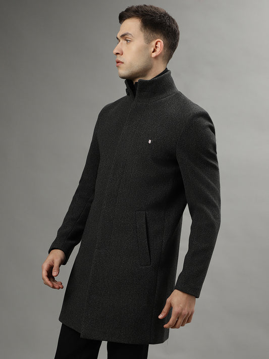 Iconic Men Grey Solid Stand Collar Long Sleeves Overcoat