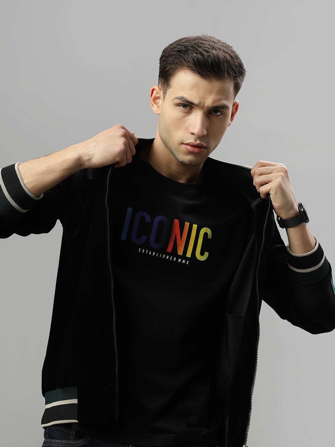 Iconic Men Black Solid Stand Collar Long Sleeves Jacket