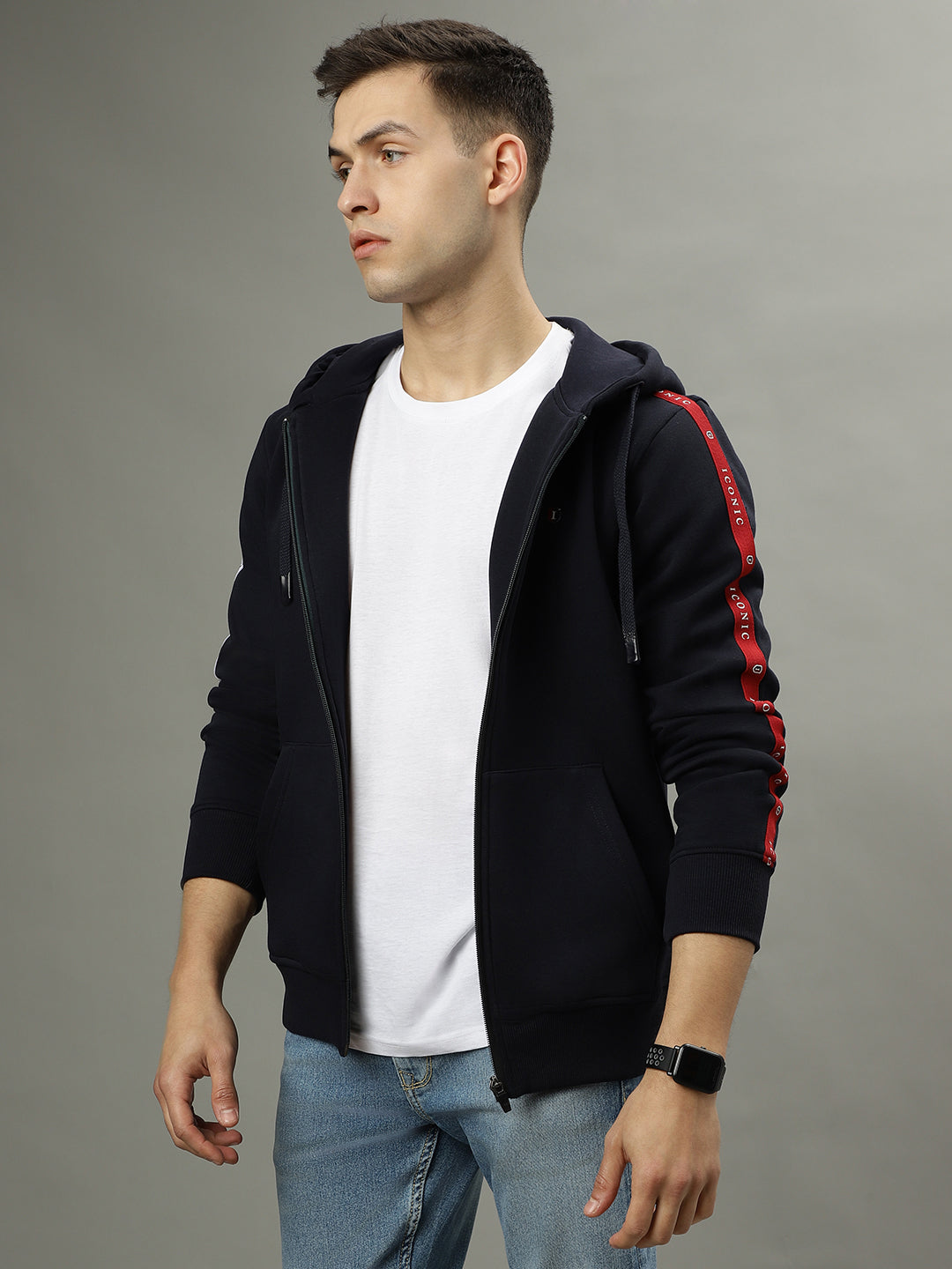 Iconic Men Navy Blue Solid Hooded Long Sleeves Jacket