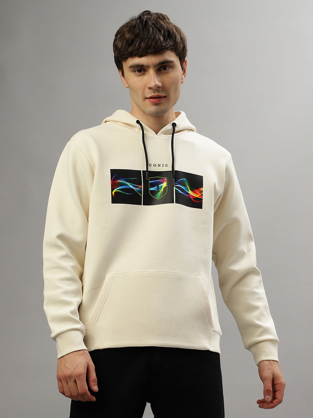 Iconic Men Printed Full Sleeves Hooded Sweatshirt