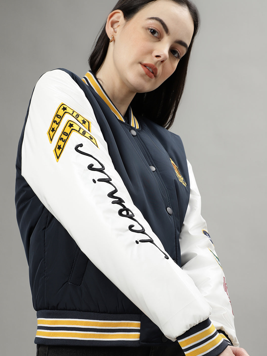 Iconic Women Navy Blue Colourblocked Stand Collar Long Sleeves Bomber Jacket