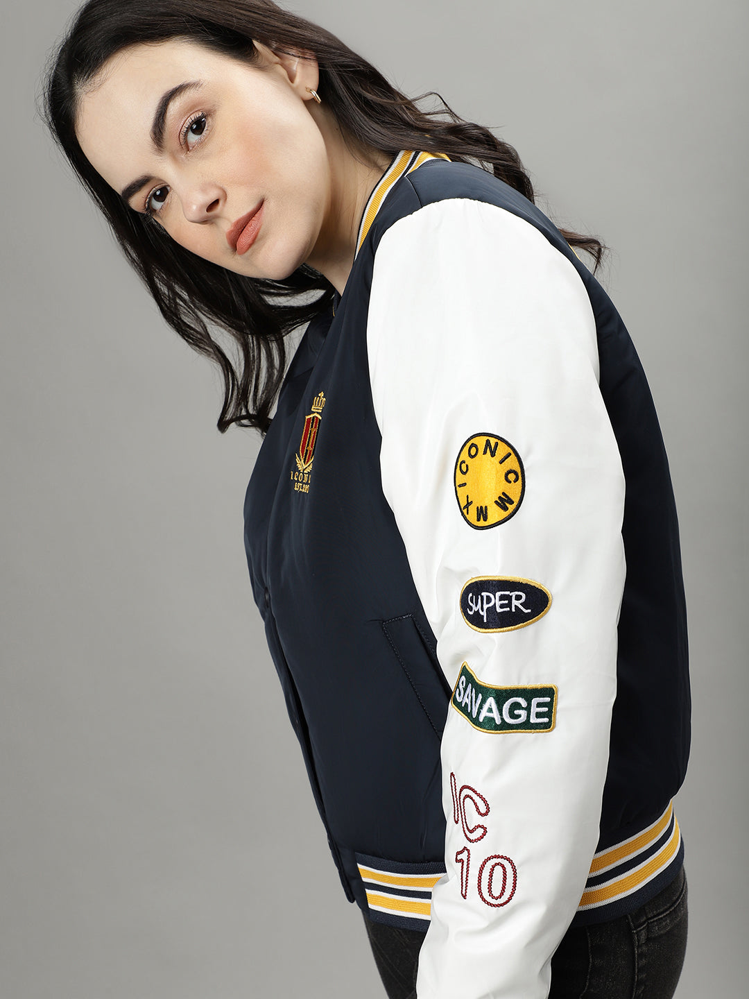 Iconic Women Navy Blue Colourblocked Stand Collar Long Sleeves Bomber Jacket