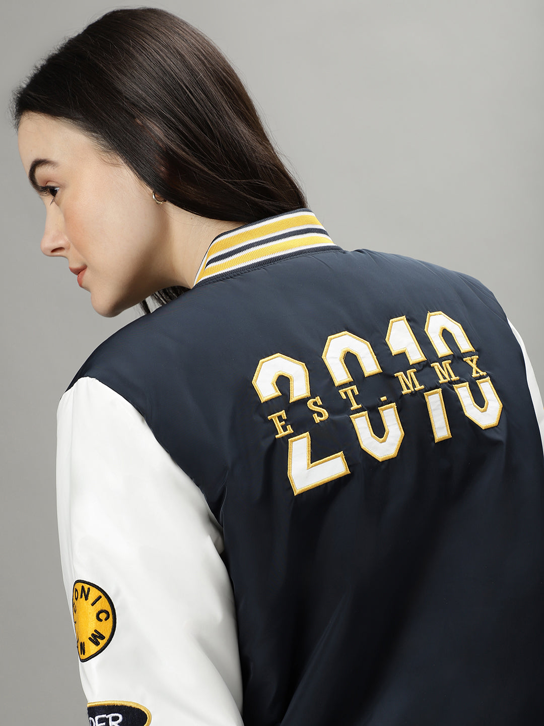 Iconic Women Navy Blue Colourblocked Stand Collar Long Sleeves Bomber Jacket