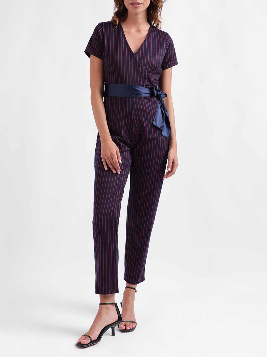 Iconic Women Striped Short Sleeves V Neck Jumpsuit