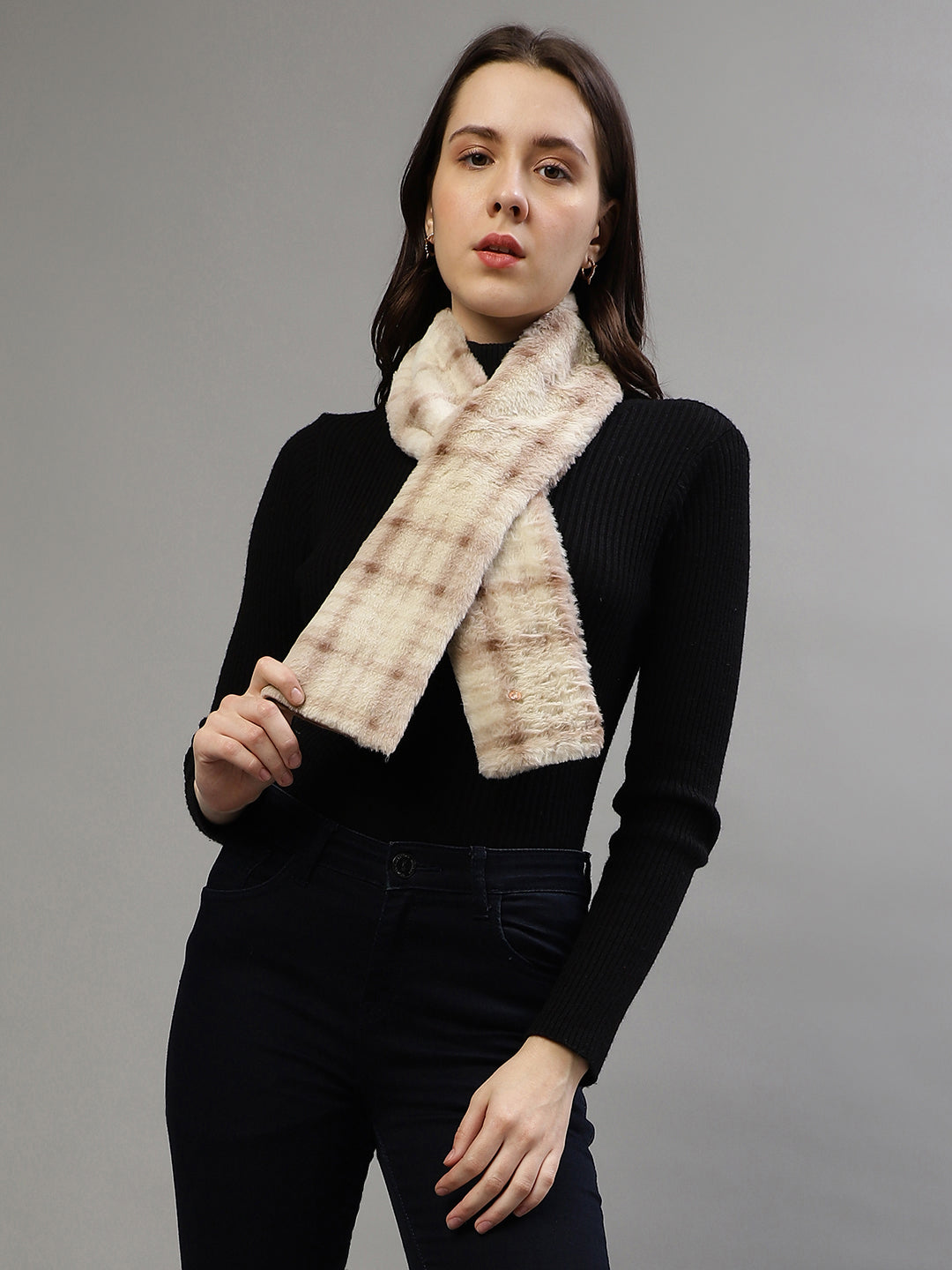 Iconic Women Beige Checked Muffler
