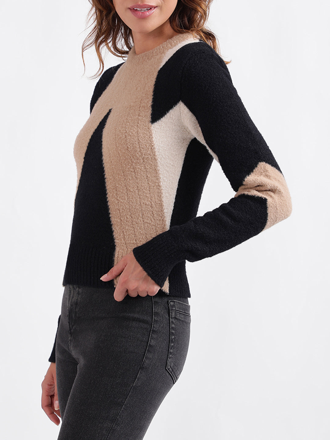 Iconic Women Colour blocked Full Sleeves Round Neck Sweater