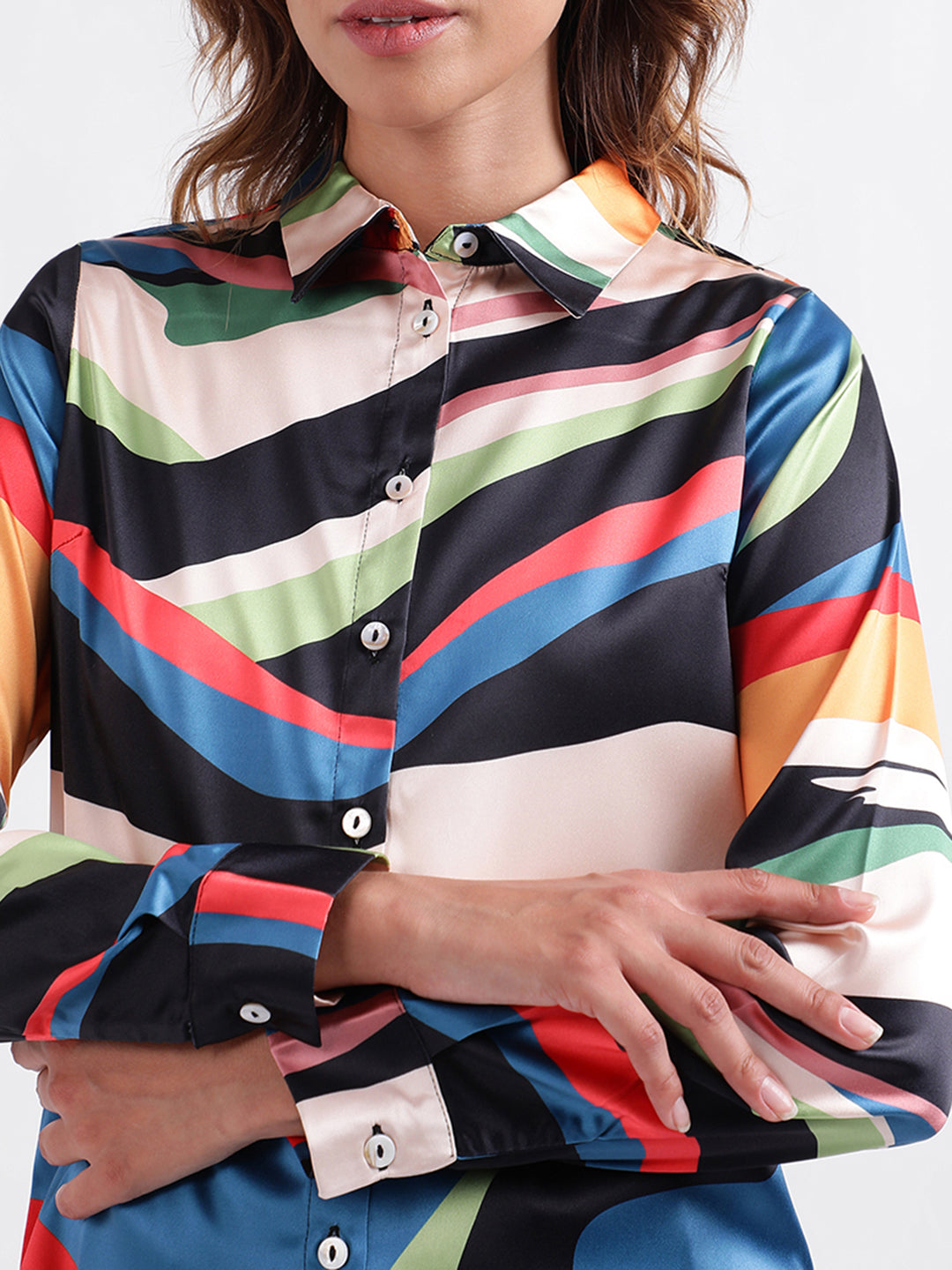 Iconic Women Printed Full Sleeves Collar Top