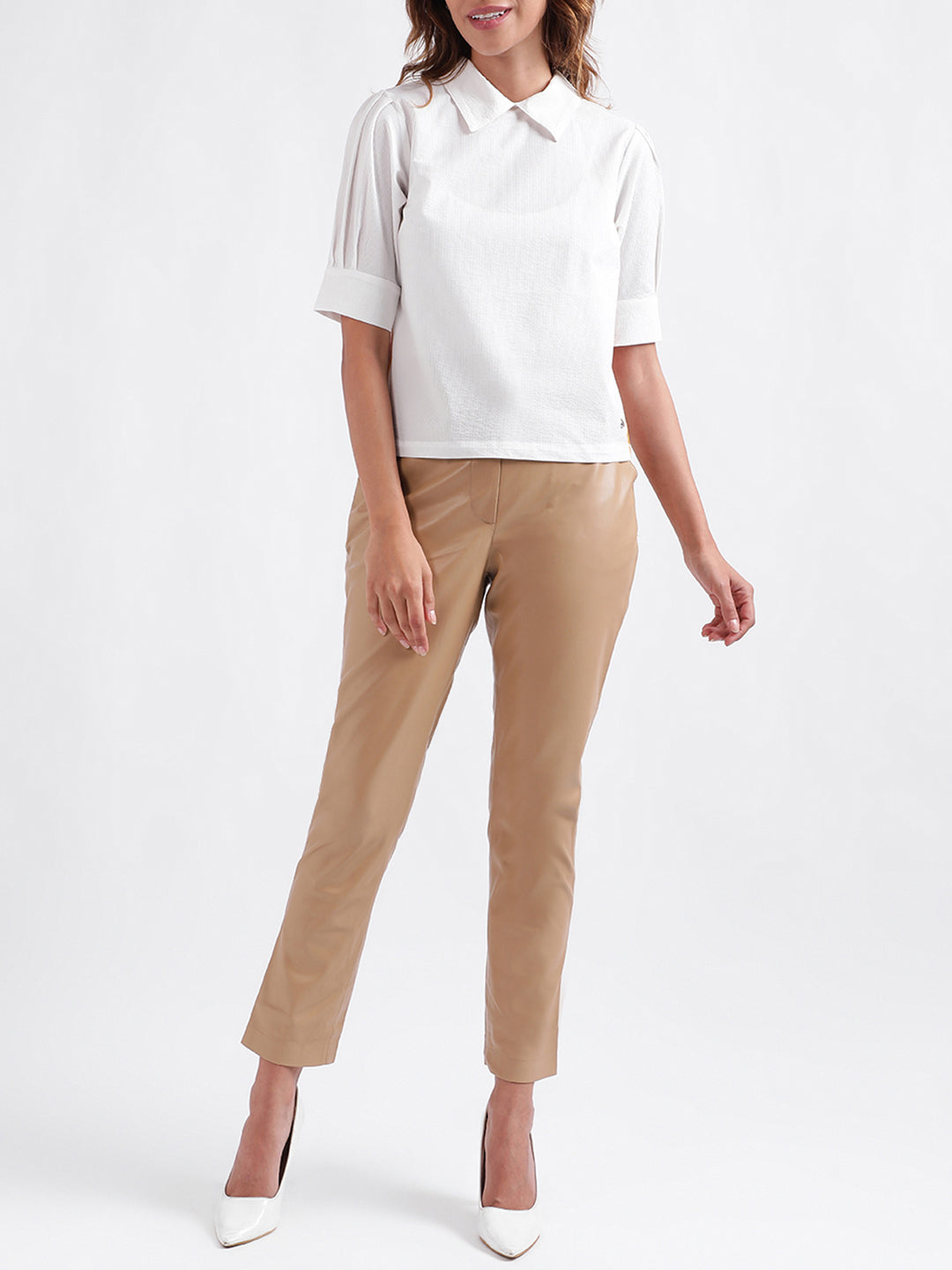 Iconic Women Solid Short Sleeves Collar Top