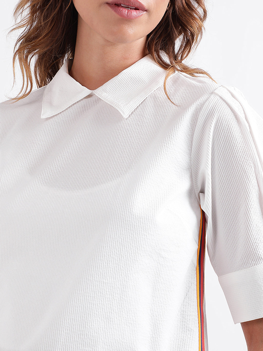 Iconic Women Solid Short Sleeves Collar Top