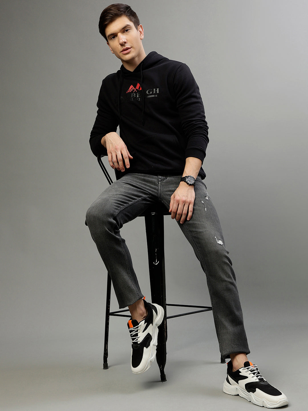 Lindbergh Men Solid Hooded Full Sleeves Sweatshirt