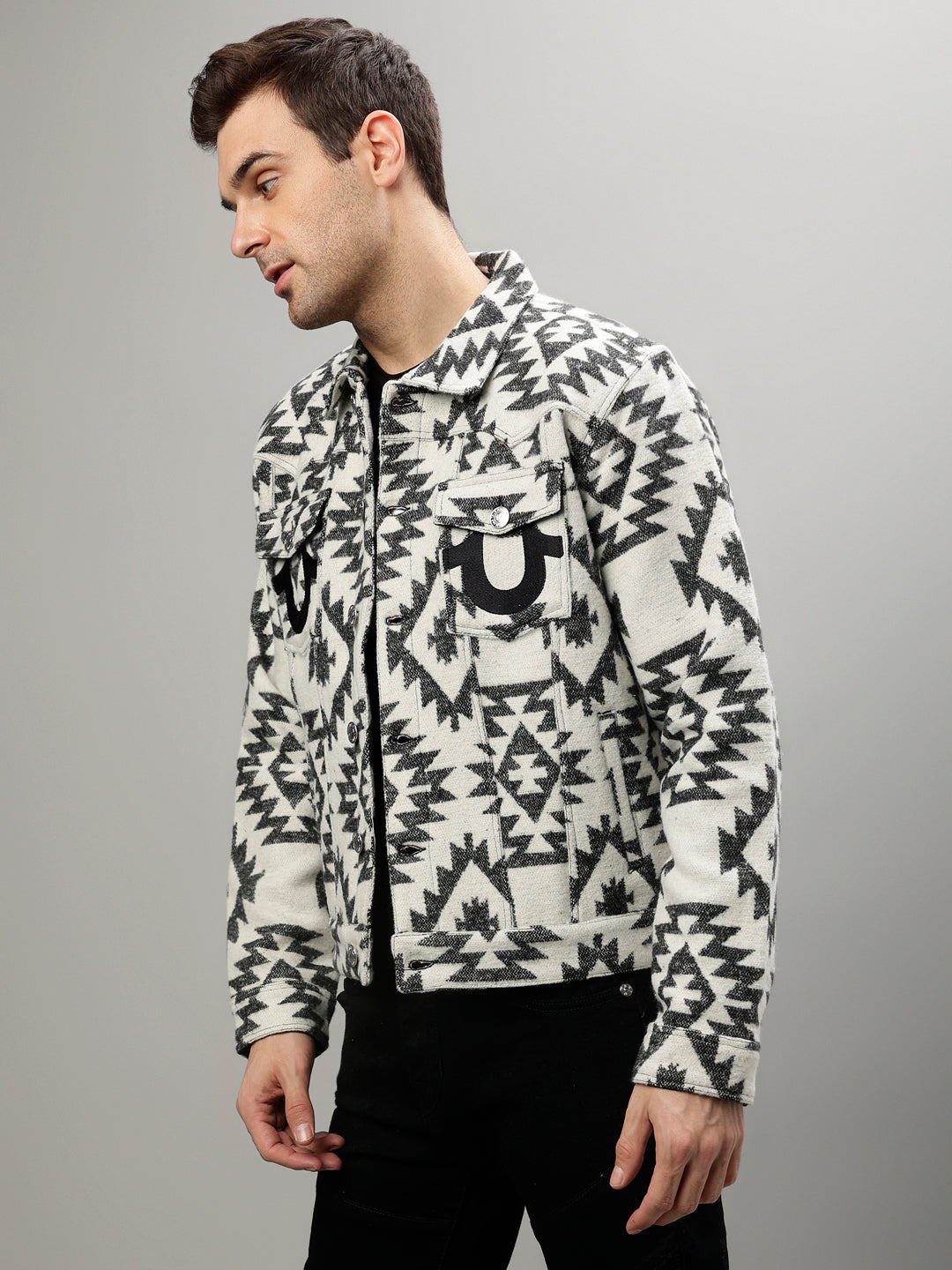 True Religion Men Printed Spread Collar Full Sleeves Jacket