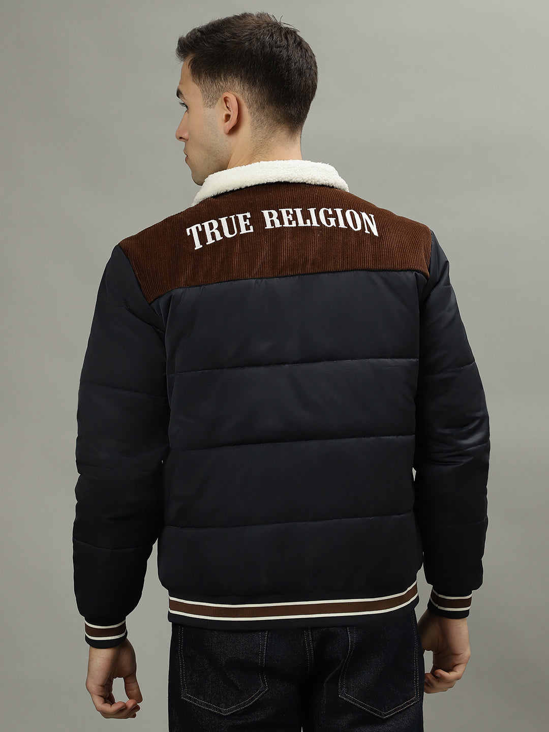 True Religion Navy Blue Men Solid Spread Collar Long Sleeves Puffer Jacket