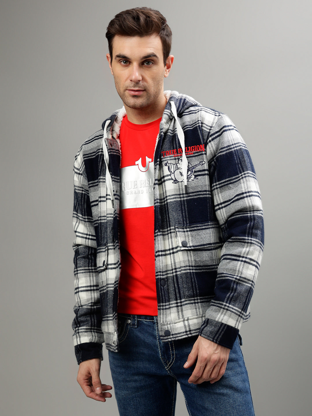 True Religion Men Checked Hooded Full Sleeves Jacket