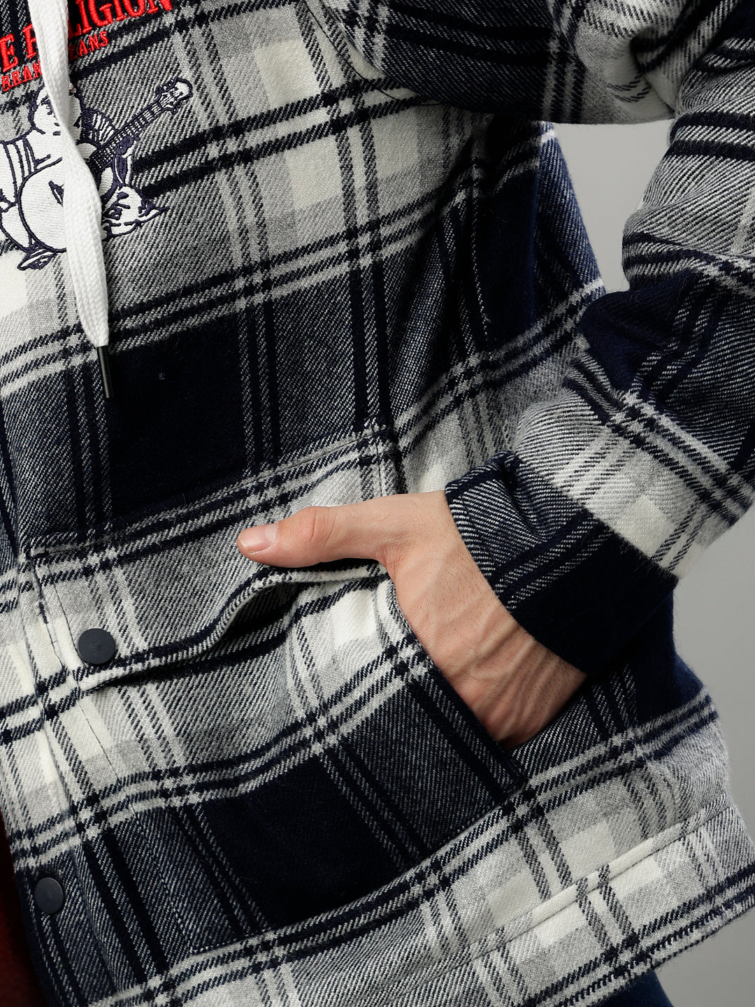 True Religion Men Checked Hooded Full Sleeves Jacket