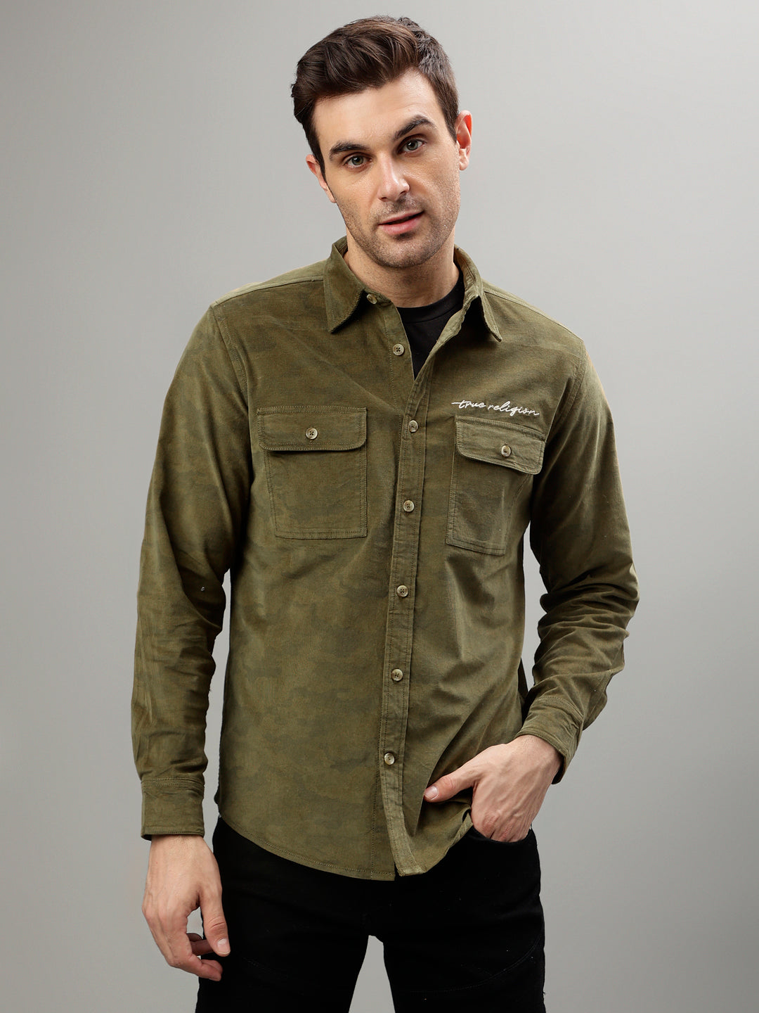 True Religion Olive Fashion Printed Regular Fit Shirt