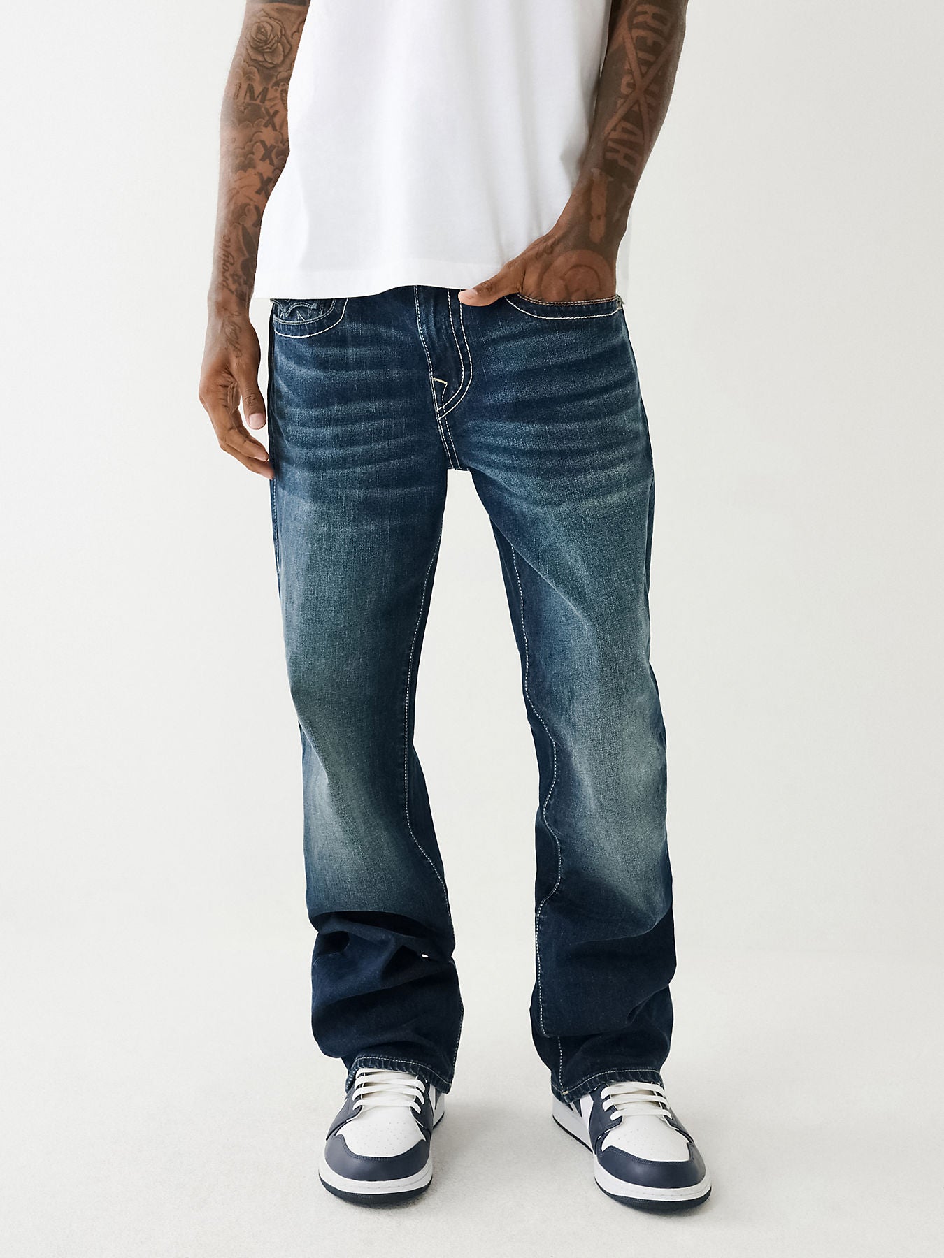 True Religion Men Blue Billy Flap Bootcut Faded Jeans