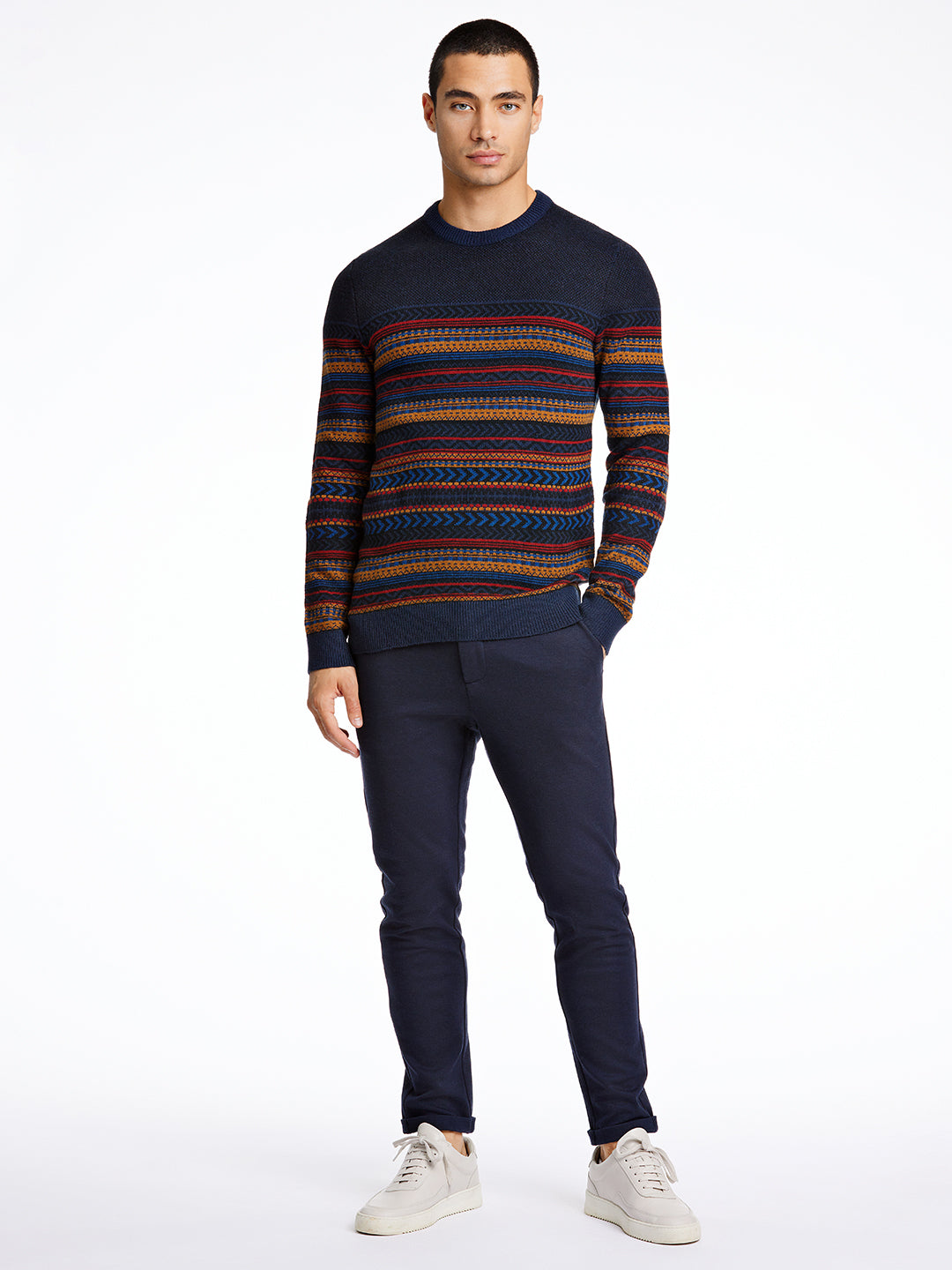 Lindbergh Men Navy Blue Striped Sweater