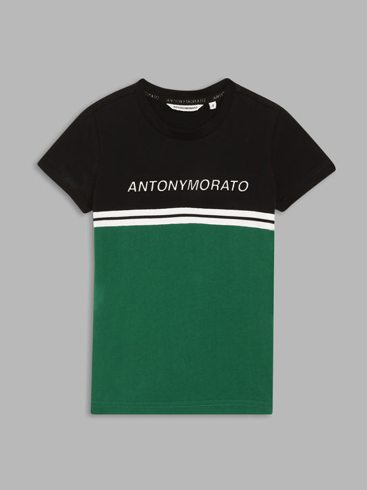 Antony Morato Kids Black & Green Color Block Regular Fit T-Shirt