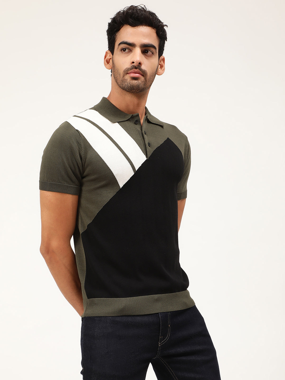 Antony Morato Men Olive Green White Colourblocked Pullover
