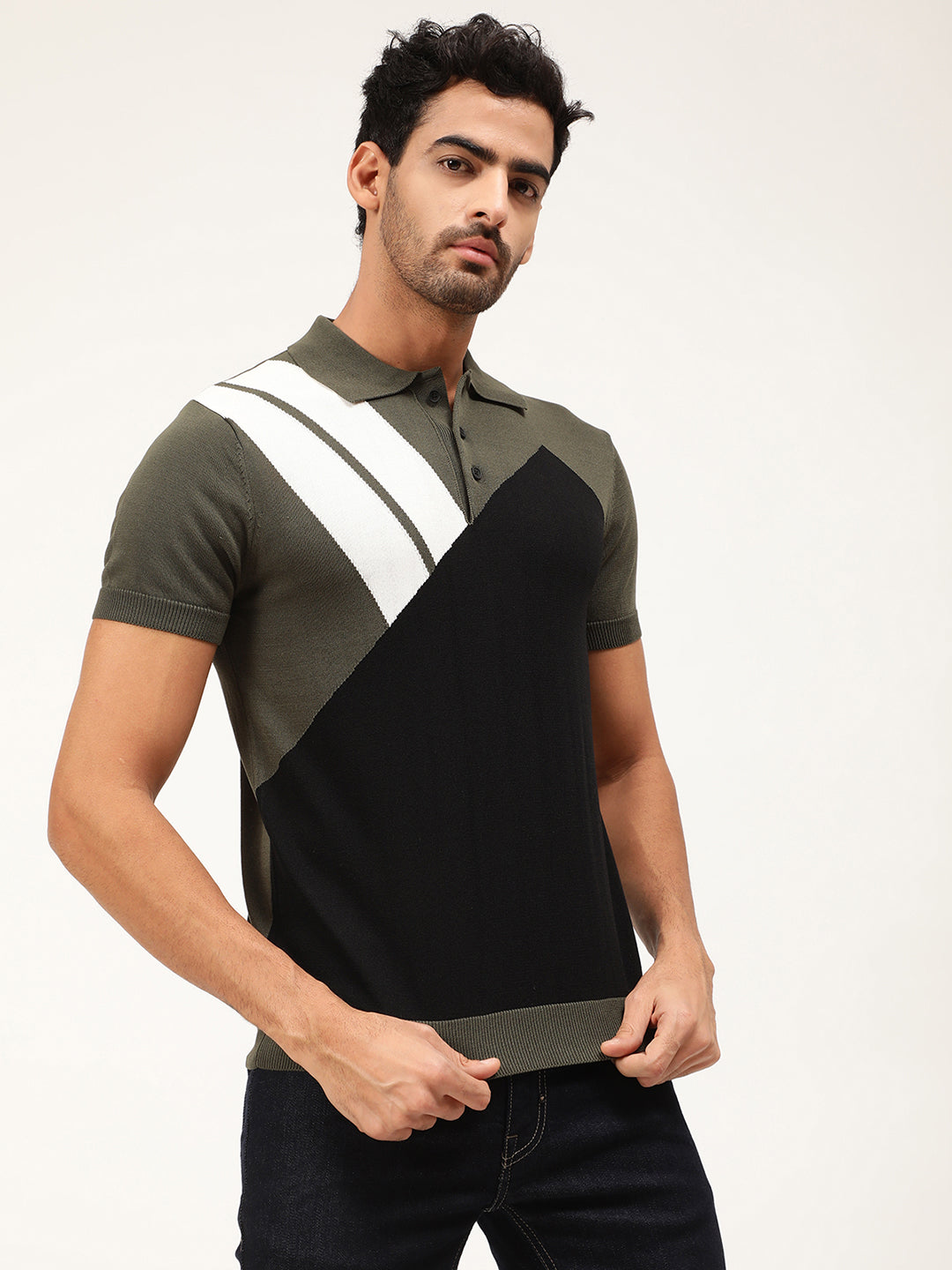 Antony Morato Men Olive Green White Colourblocked Pullover
