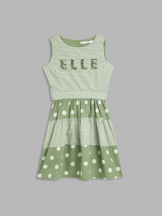Elle Kids Girls Olive Printed Round Neck Dress