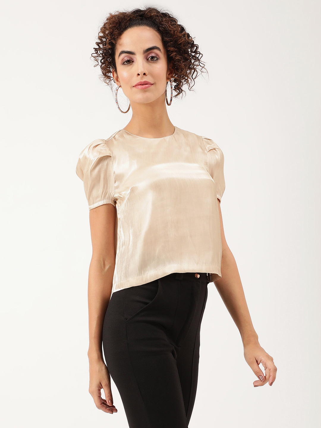 Centre Stage Women Beige Solid Round Neck Top