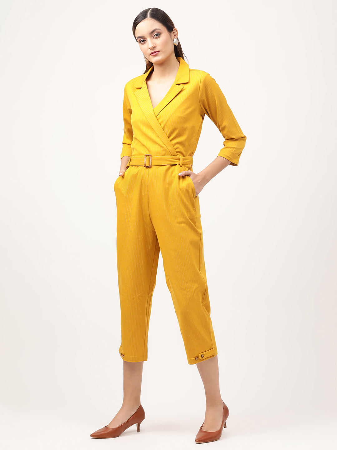 Centre Stage Women Mustard Striped Jumpsuit