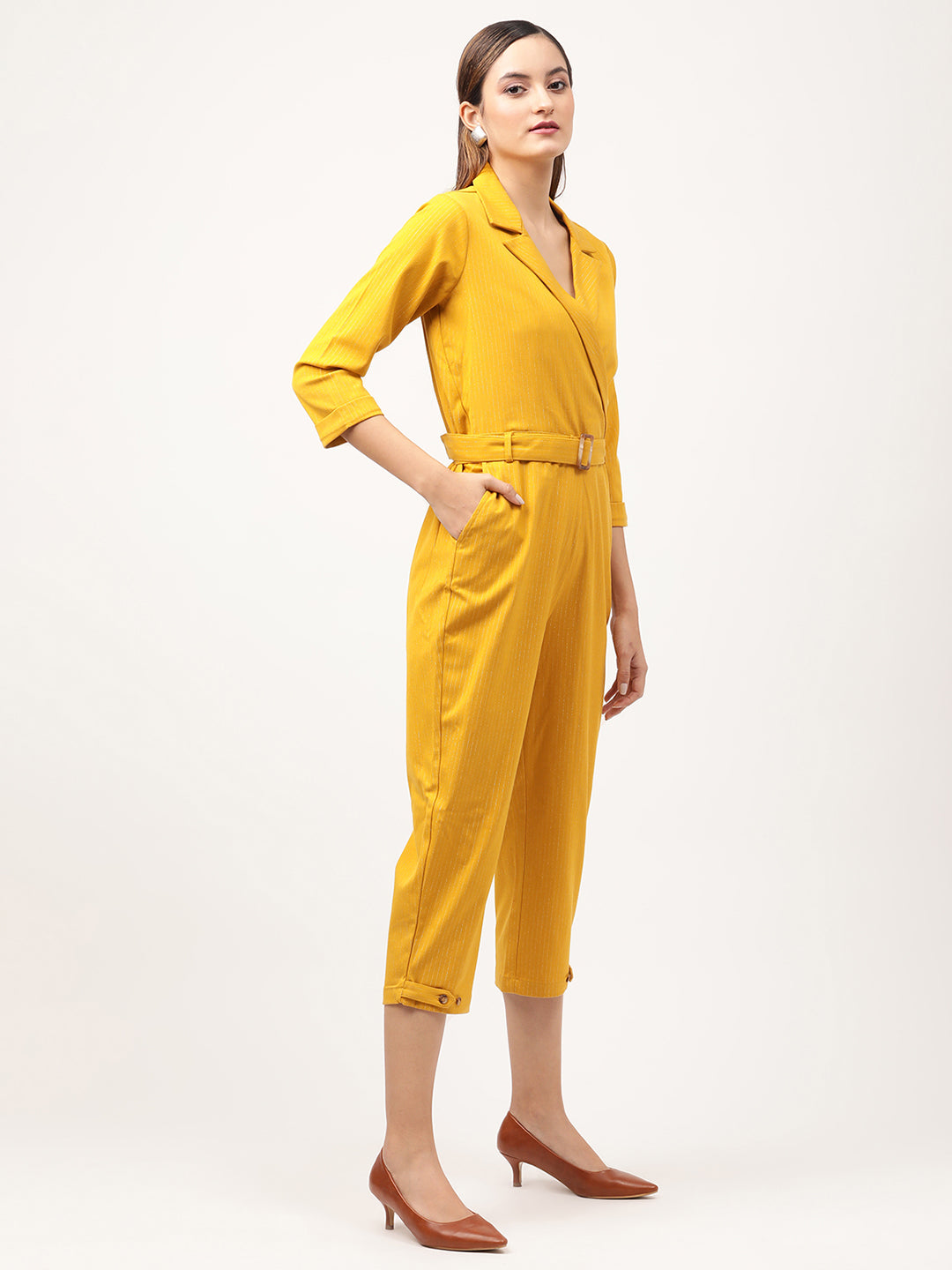 Centre Stage Women Mustard Striped Jumpsuit
