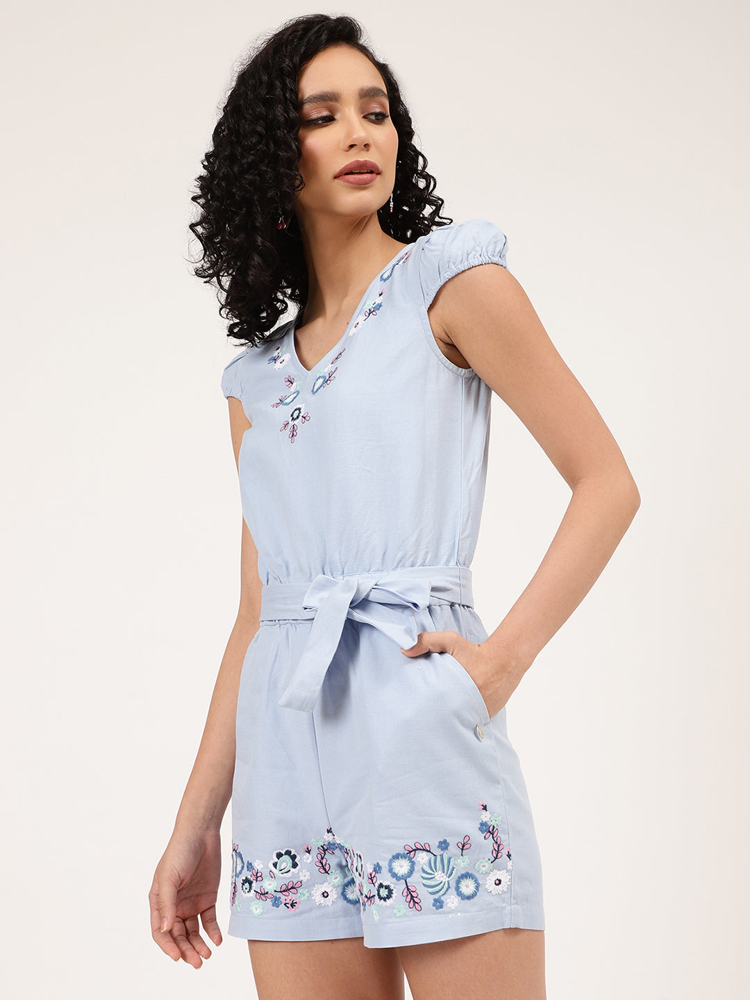 Elle Women Blue Solid V Neck Playsuit