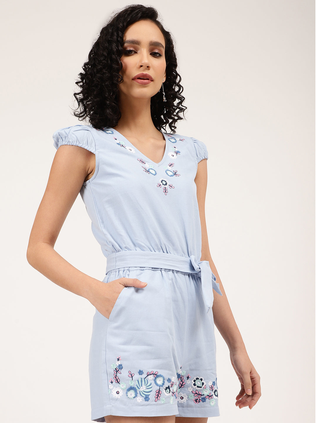 Elle Women Blue Solid V Neck Playsuit