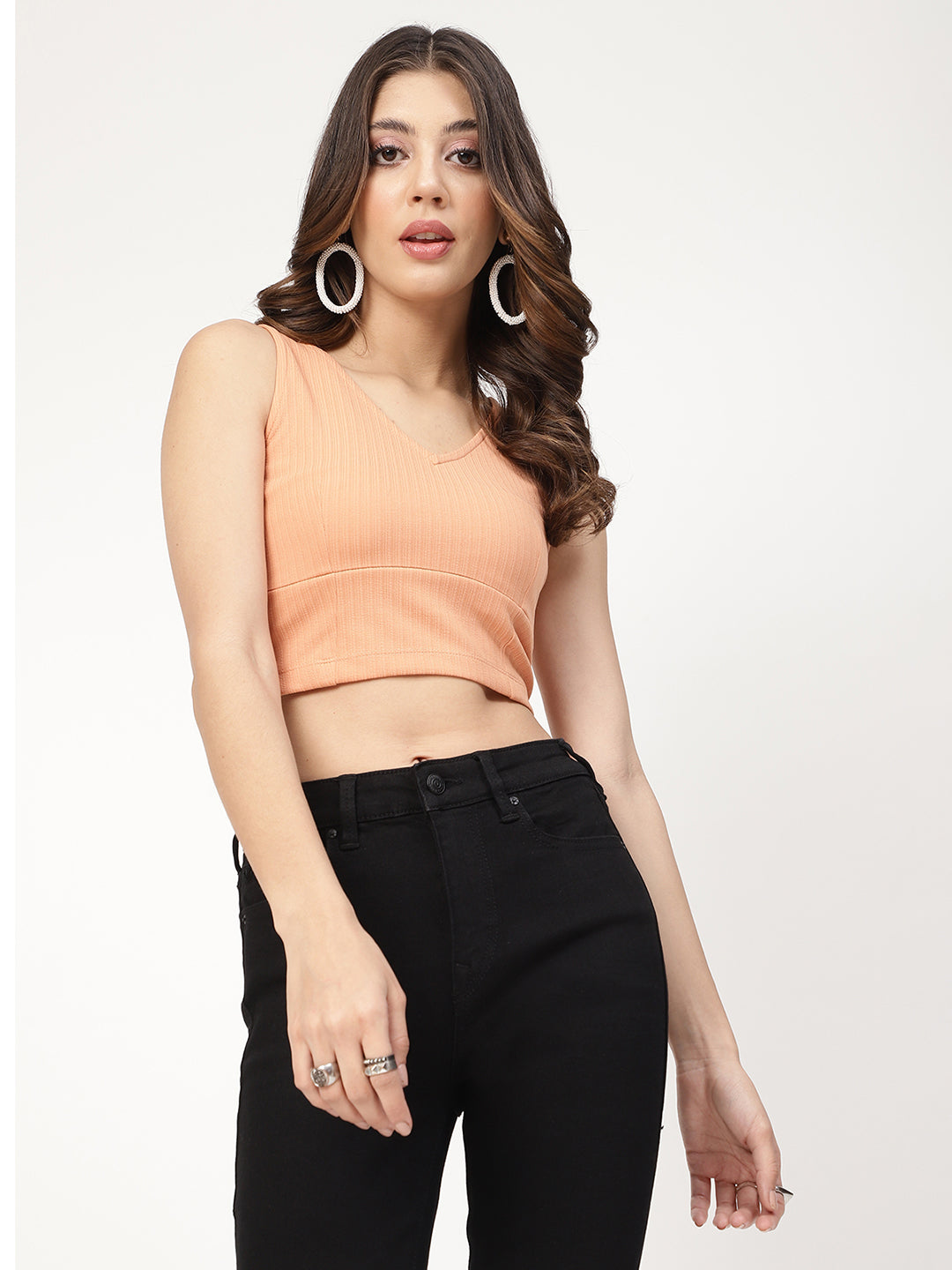 Centre Stage Women Orange Self-Design V Neck Top