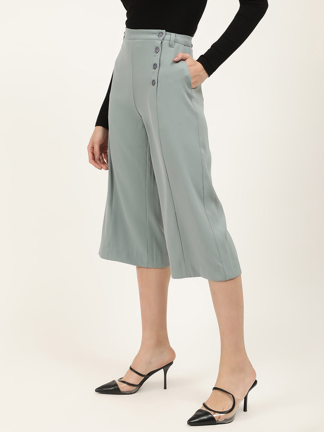 Centre Stage Women Sea Green Solid Regular Fit Trouser