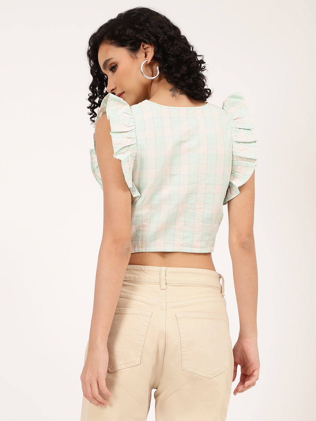 Elle Women White Checked V Neck Top