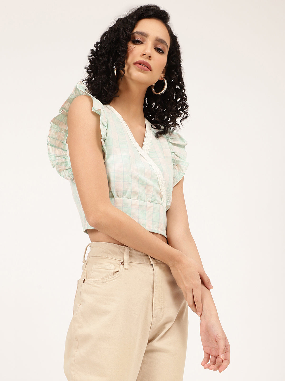 Elle Women White Checked V Neck Top