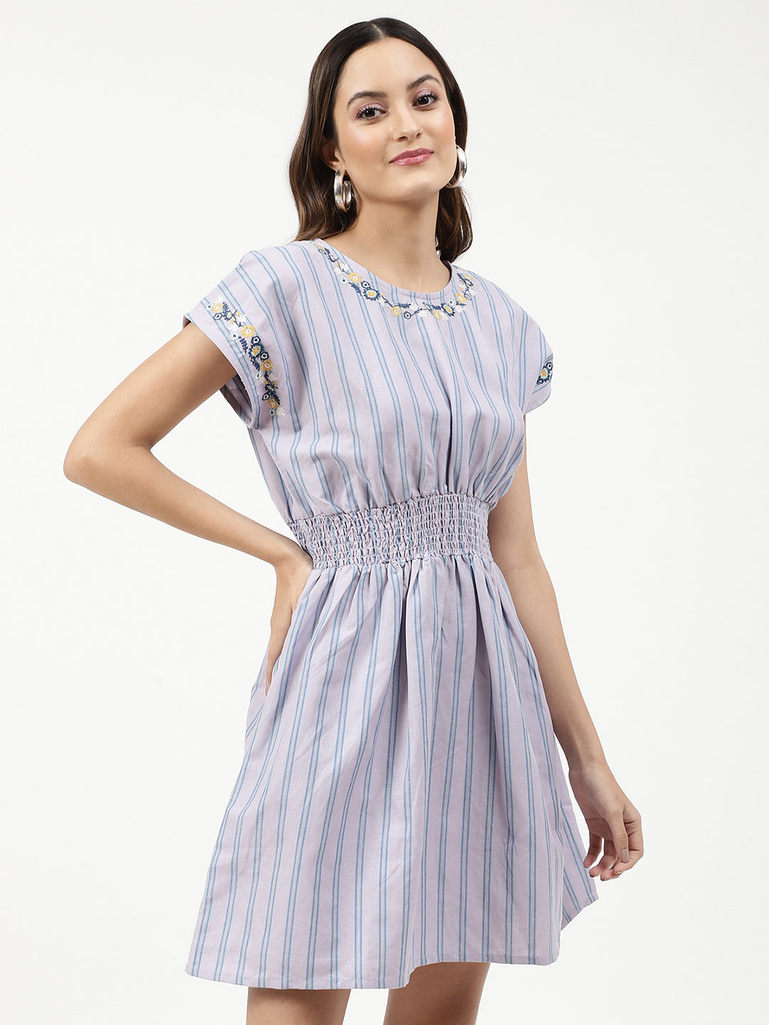 Elle Women Lilac Striped Round Neck Dress