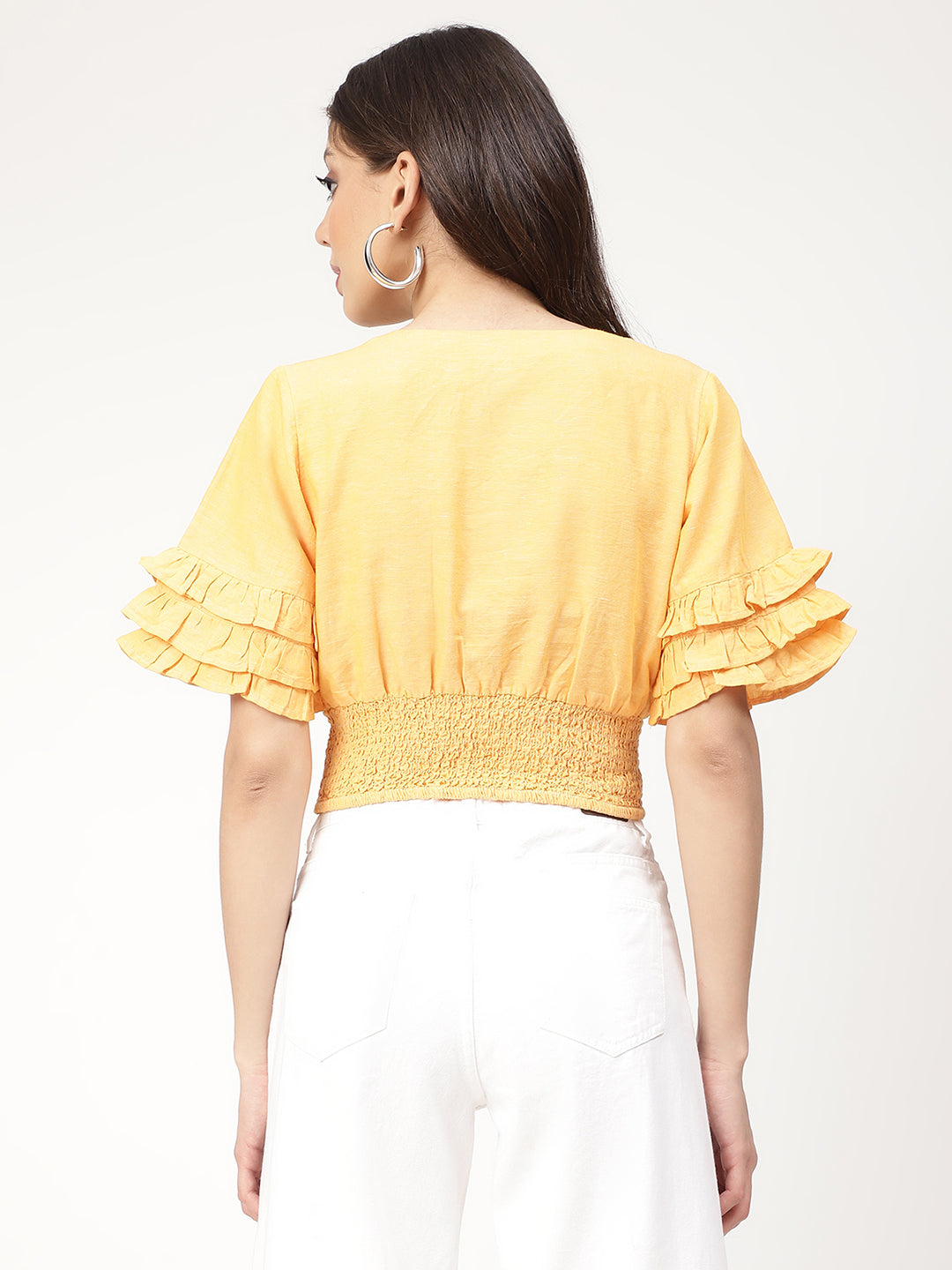 Elle Women Yellow Solid V Neck Top