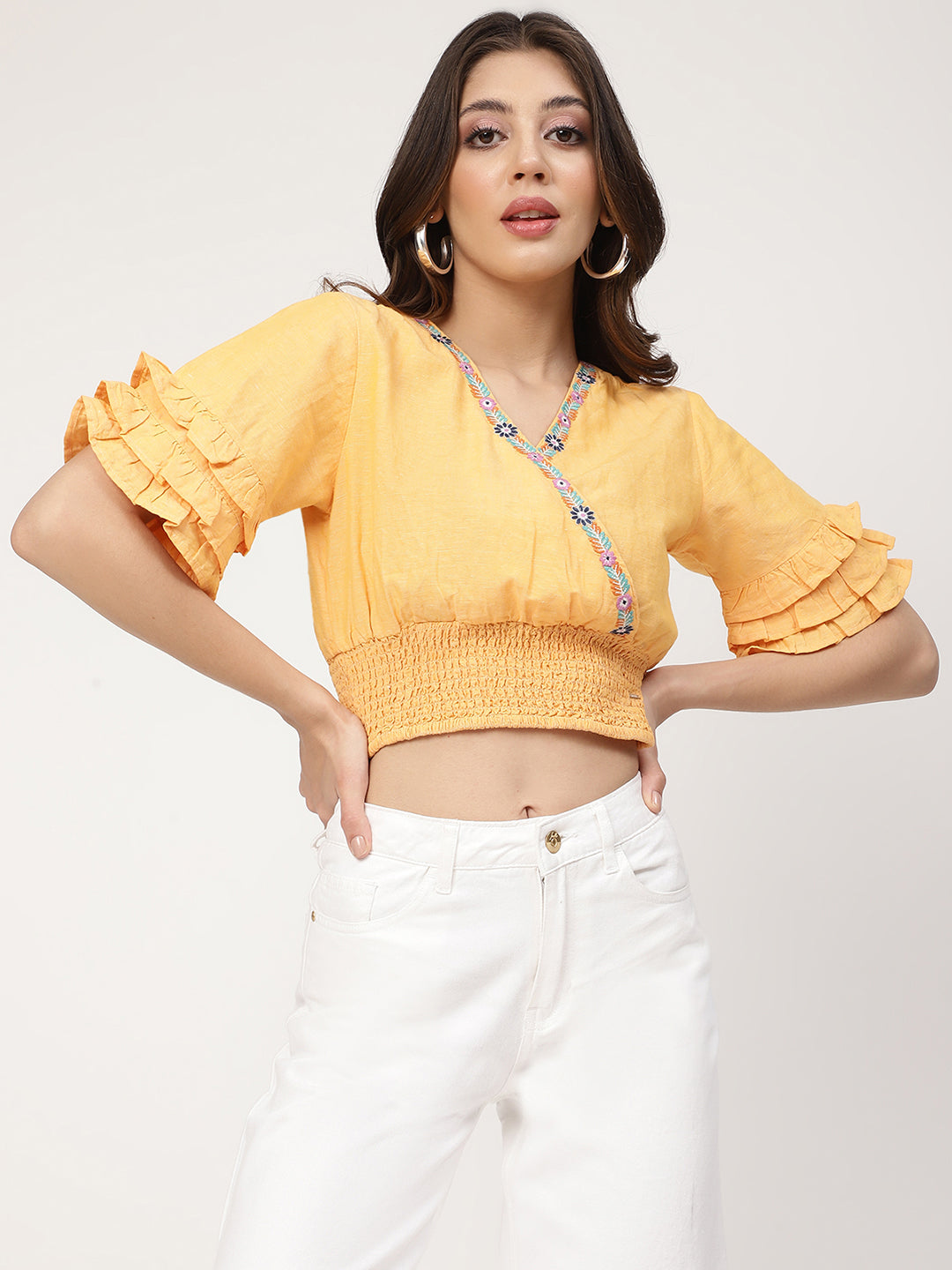 Elle Women Yellow Solid V Neck Top