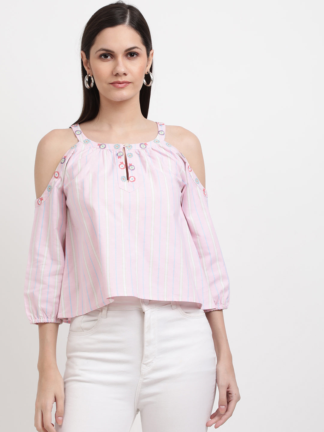 Elle Women Pink Striped Round Neck Top