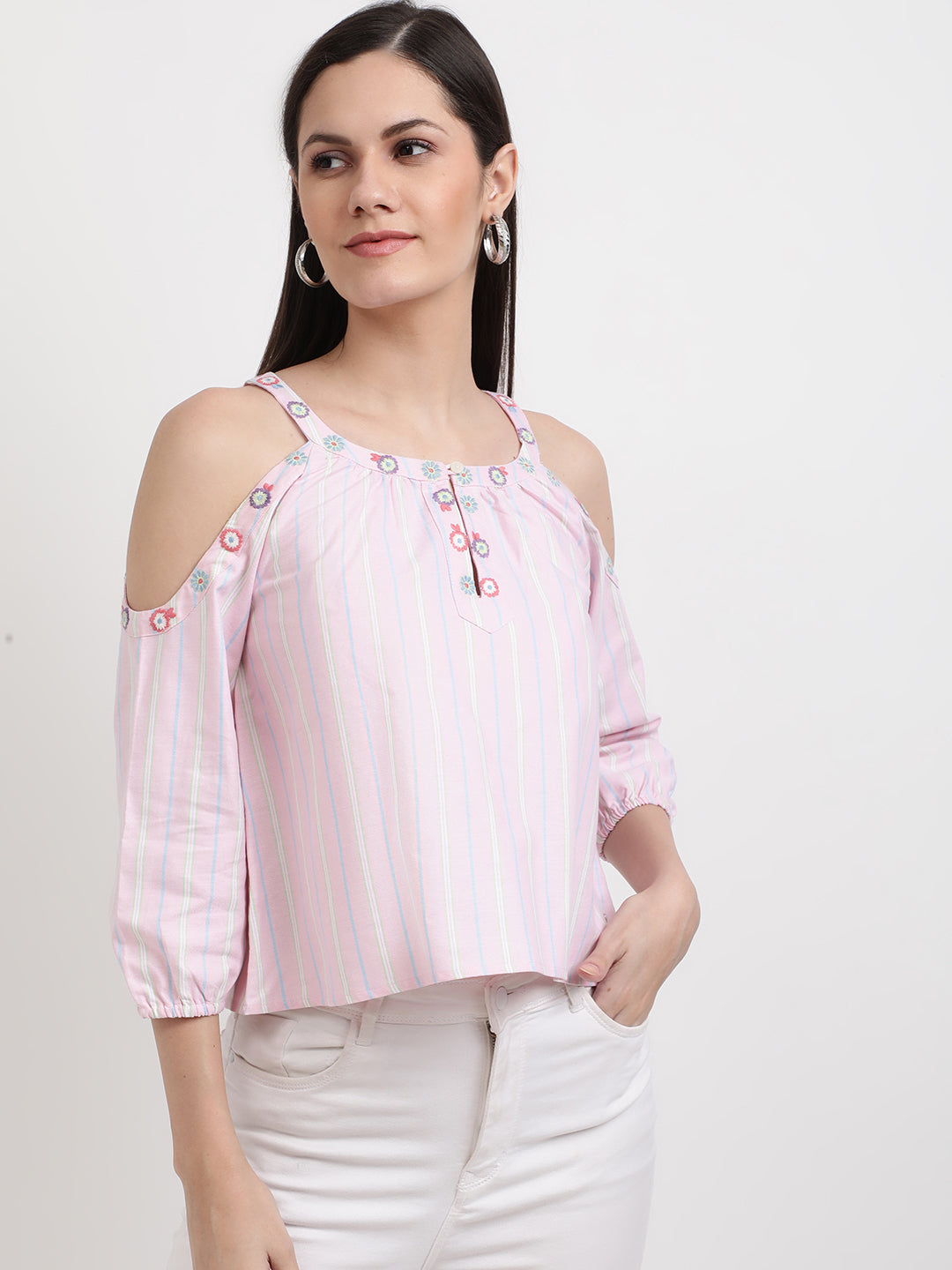 Elle Women Pink Striped Round Neck Top