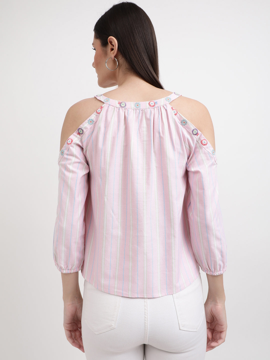 Elle Women Pink Striped Round Neck Top